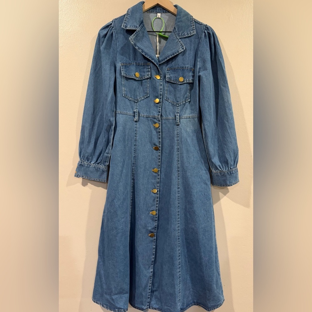 Classic Blue Denim Button-Front Midi Dress